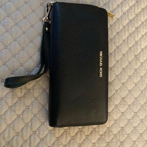 Michael Kors Black Leather Wristlet with Gold Details